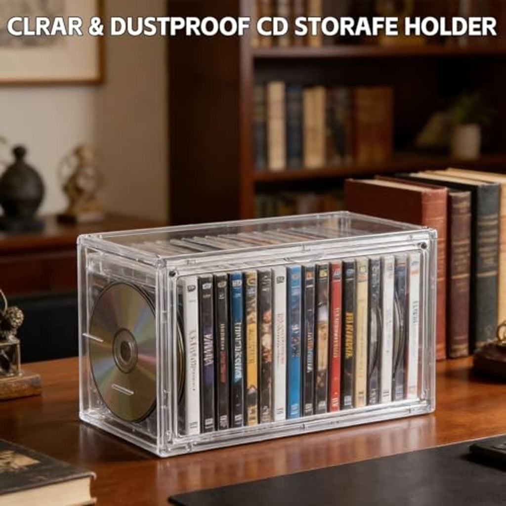 Clear acrylic CD storage holder with open front, holding multiple CDs