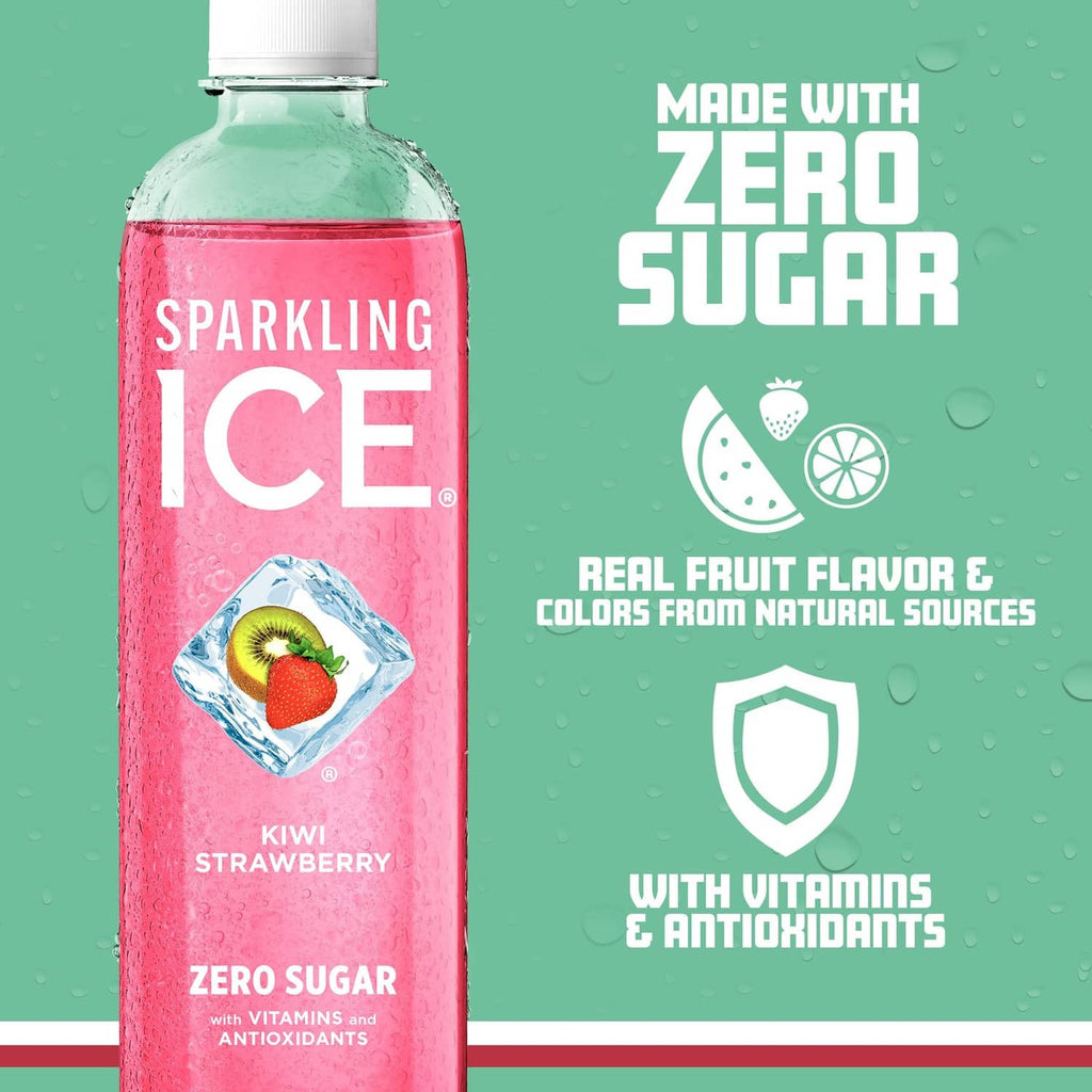 Kiwi strawberry Sparkling Ice bottle showing zero sugar and real fruit flavor