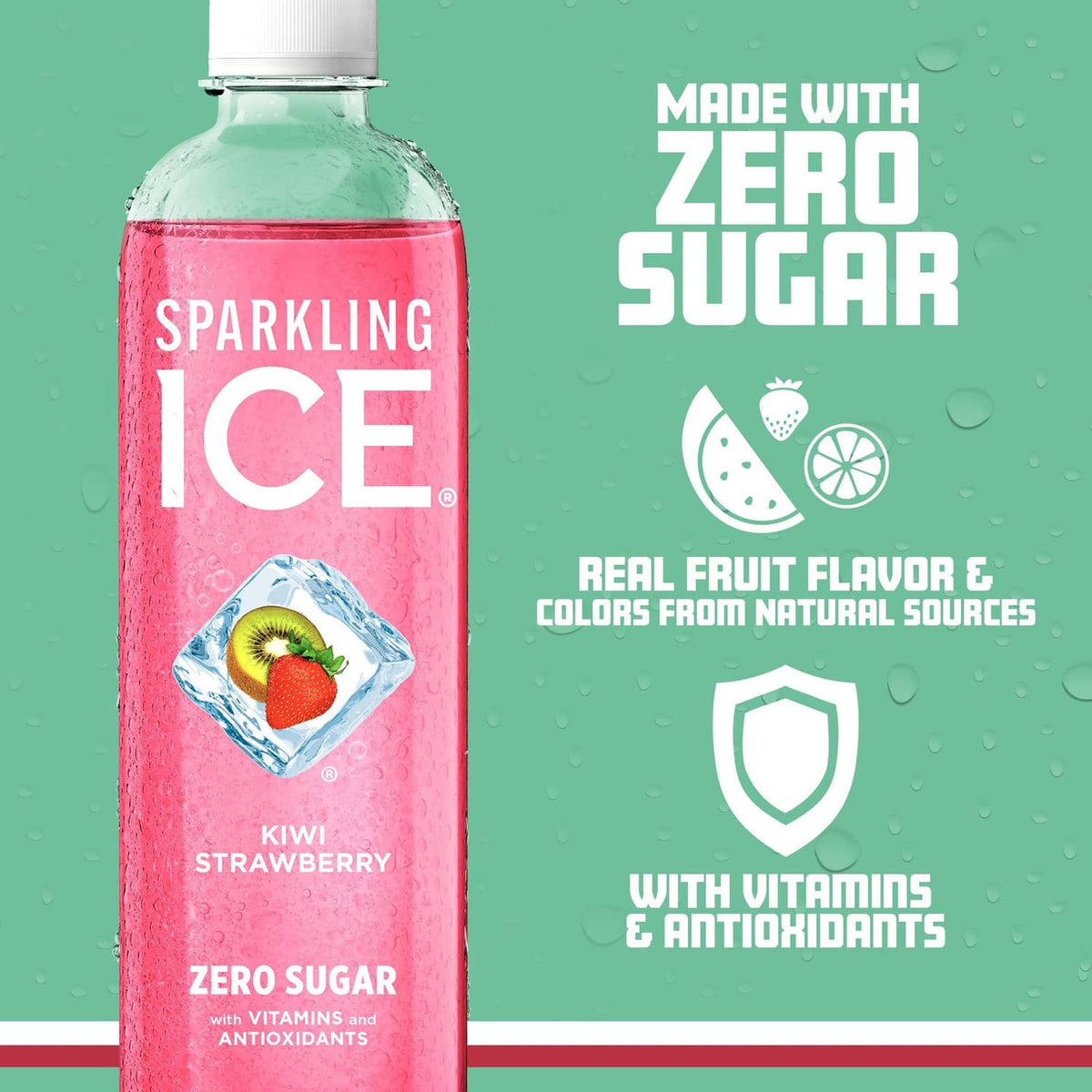Kiwi strawberry Sparkling Ice bottle showing zero sugar and real fruit flavor