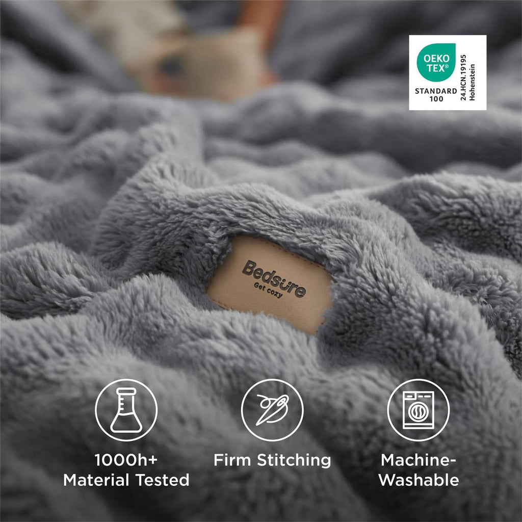 Gray bubble fleece throw blanket with tag, Oeko-Tex certified, machine washable