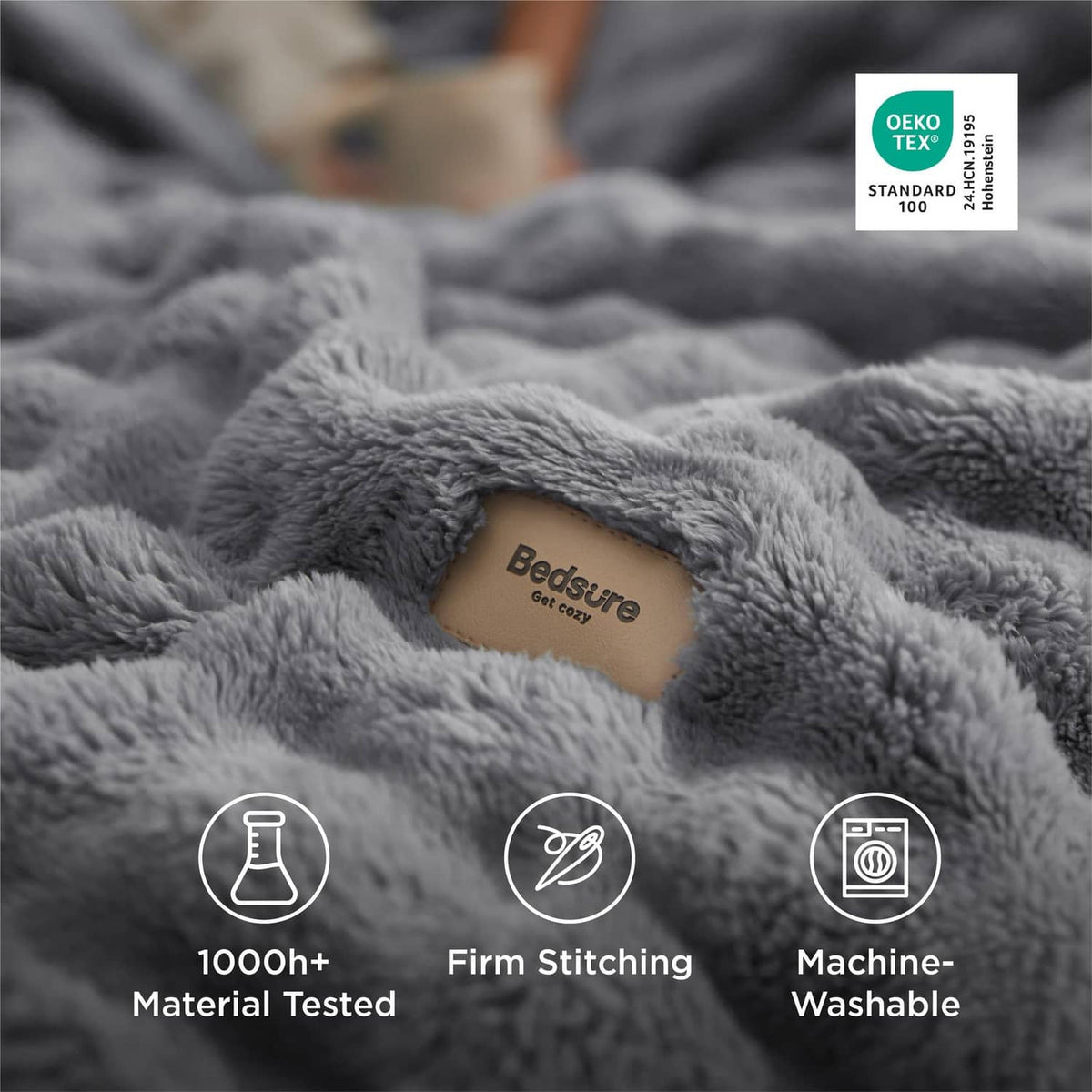Gray bubble fleece throw blanket with tag, Oeko-Tex certified, machine washable