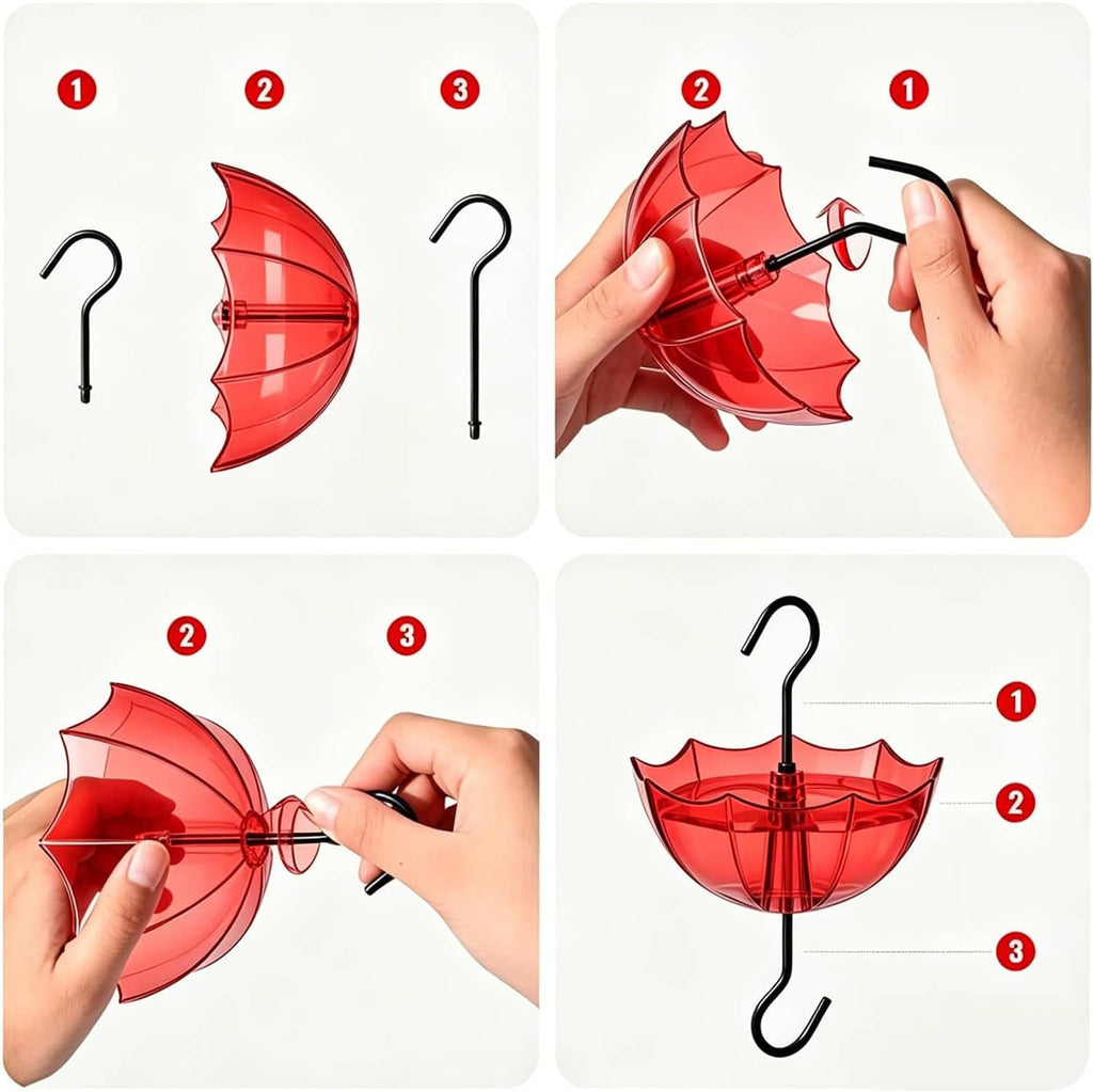 Hands assembling red feeder ant moat parts with black hanging hook and spike insert