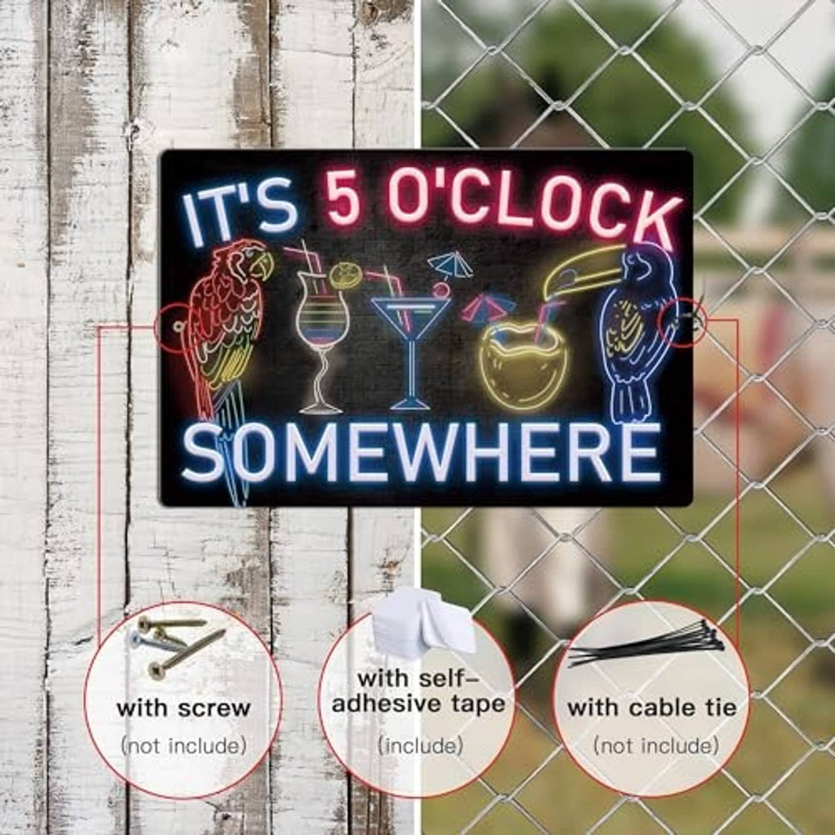 Neon metal tin sign reading 'IT'S 5 O'CLOCK SOMEWHERE' with cocktail icons