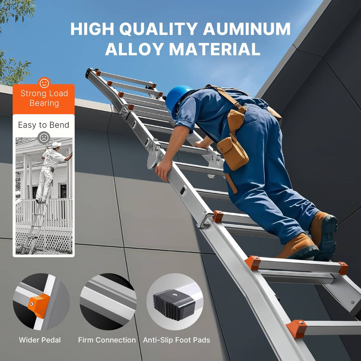 Aluminum A-frame ladder with wide pedals, firm joints, and anti-slip foot pads, orange accents