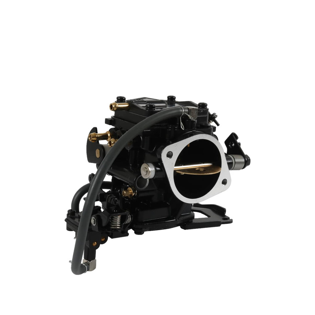 Black carburetor assembly with throttle body and hoses, angled side view