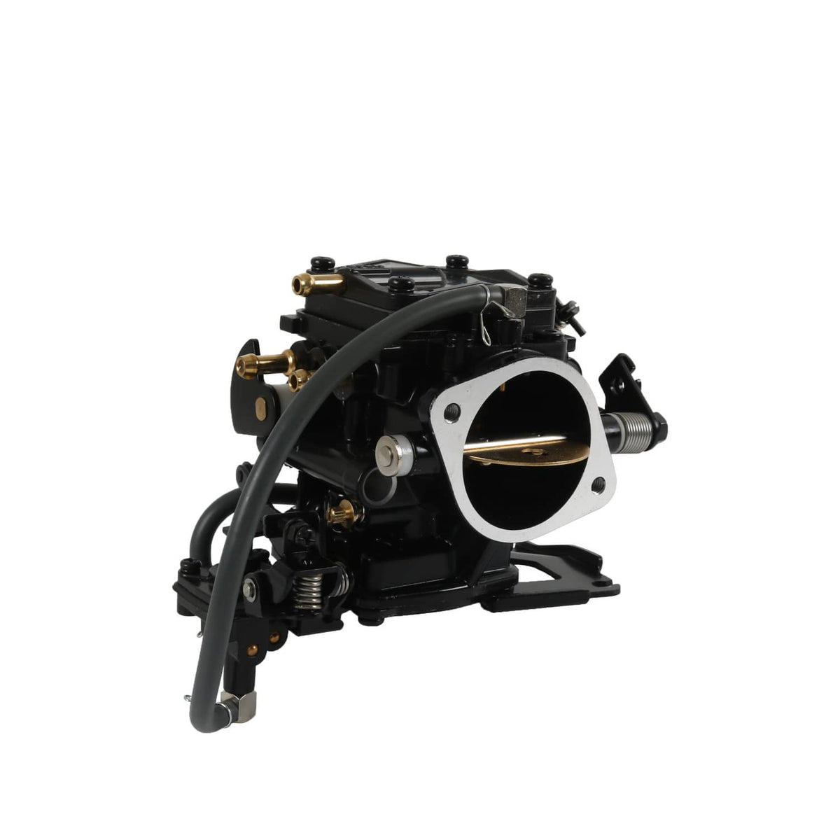 Black carburetor assembly with throttle body and hoses, angled side view