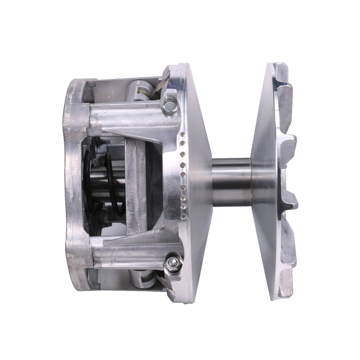 Side view of metal drive clutch assembly with housing, exposed rollers, silver finish