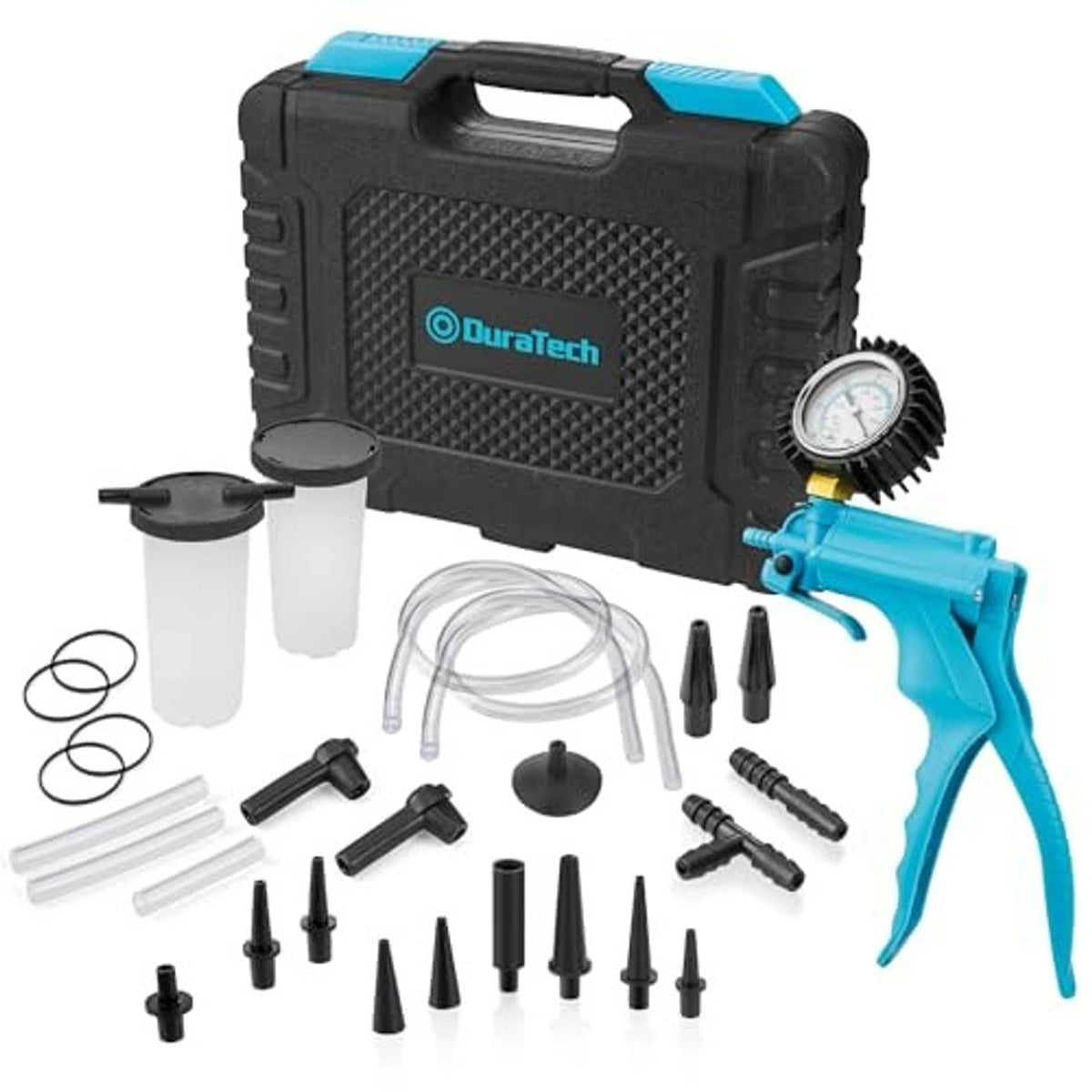 2-in-1 brake vacuum bleeder kit with blue handheld pump, gauge, hoses, and adapters