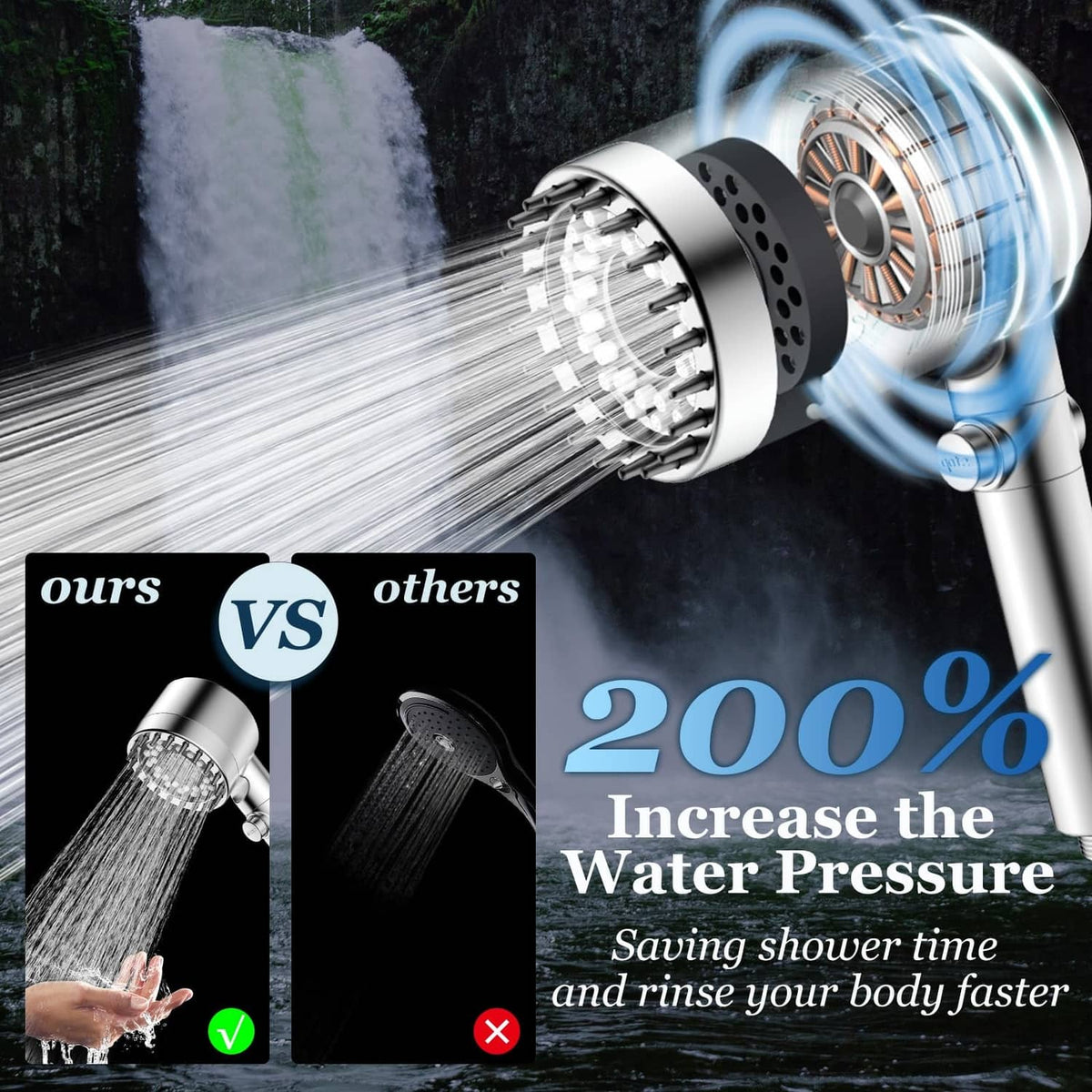 Chrome shower head with round spray face and steady stream of filtered water