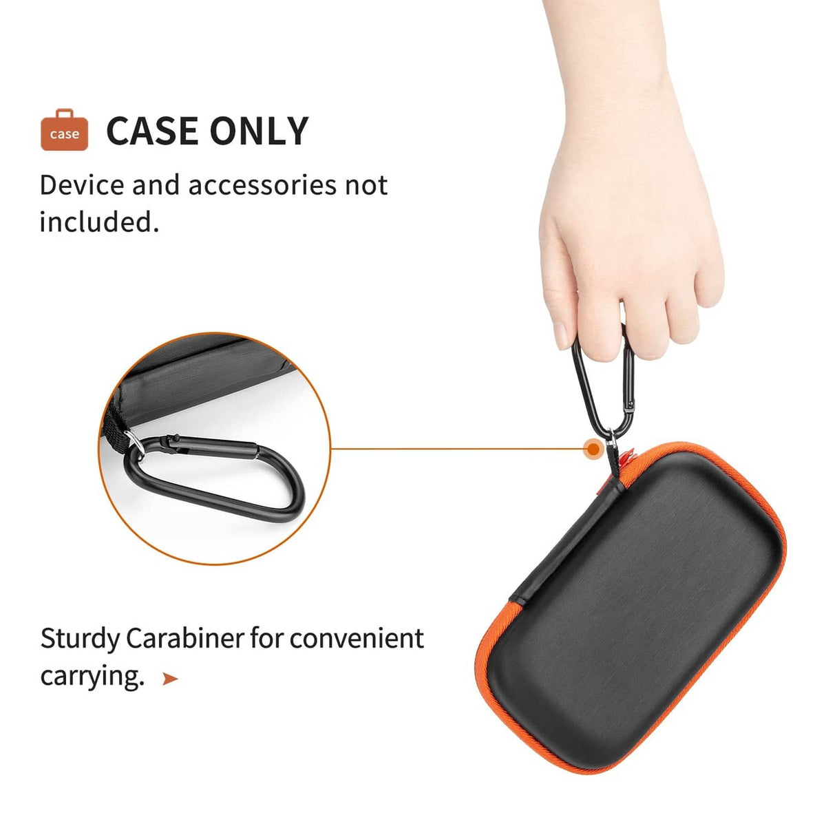 Hard SSD case with orange trim and carabiner for convenient carrying