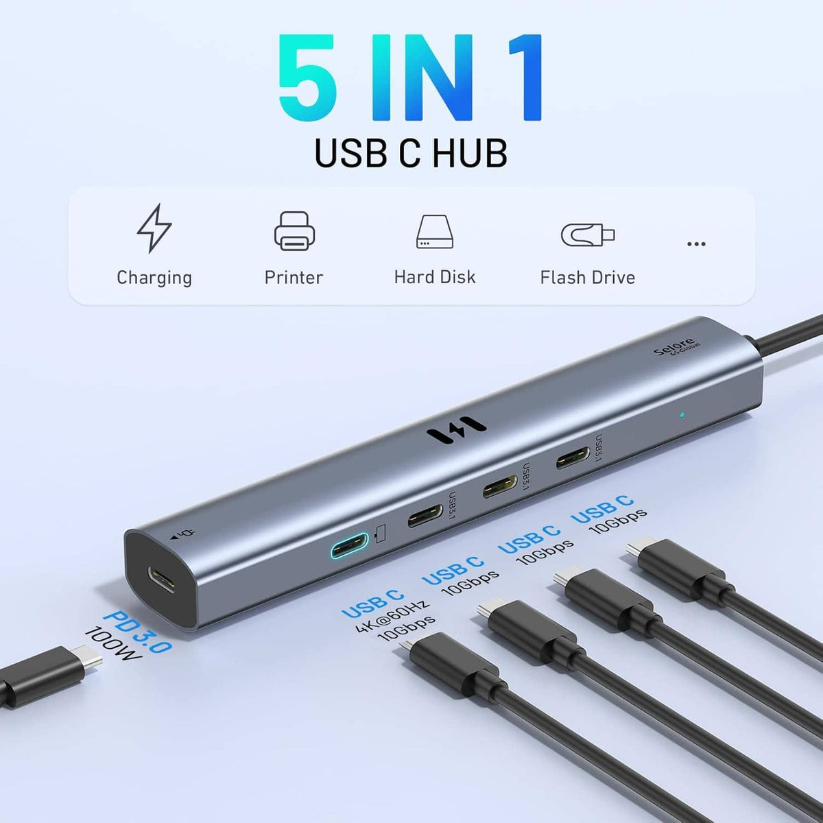 USB-C hub with multiple front ports, dark gray metal housing with connected cables