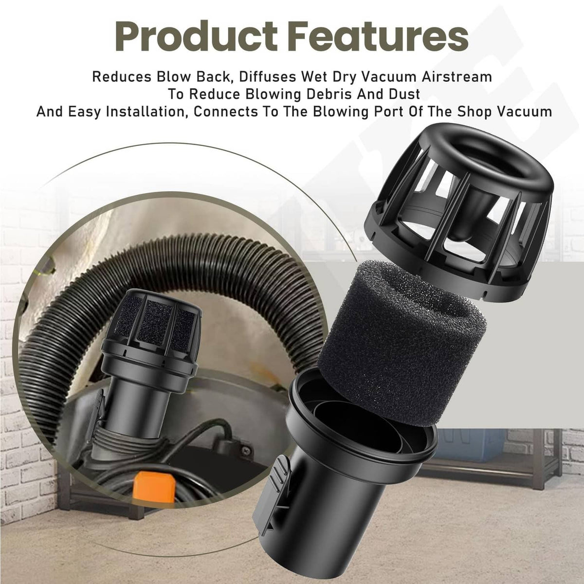 Black wet/dry vac muffler diffuser connected to flexible hose with foam sleeve
