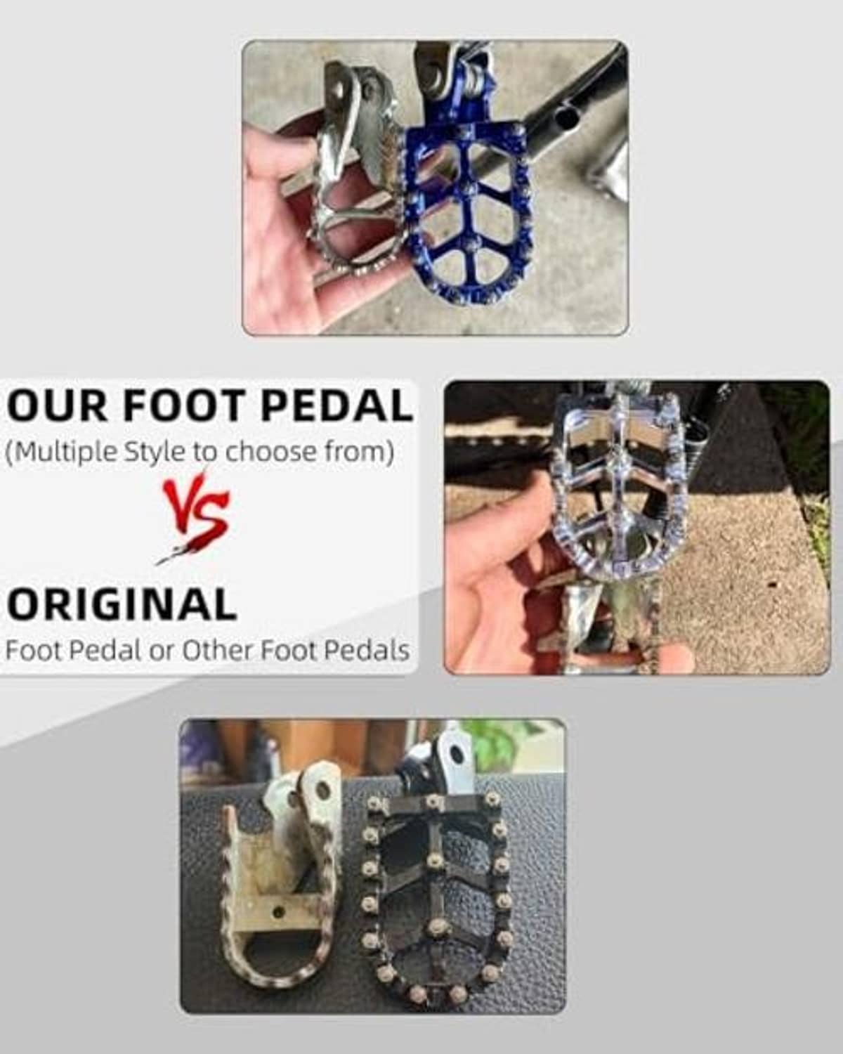Spiked dirt bike foot pegs held up for comparison, black aluminum pedal design
