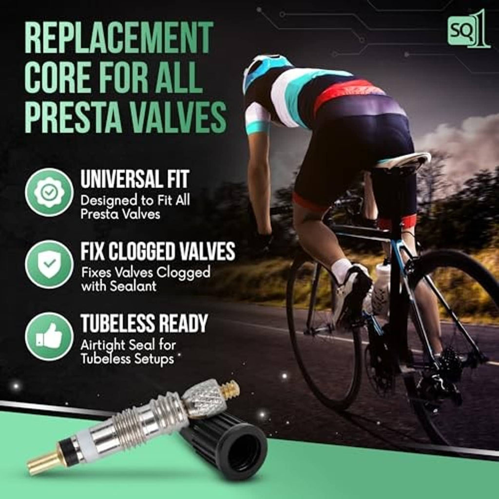 Presta valve core with removal tool and black valve cap