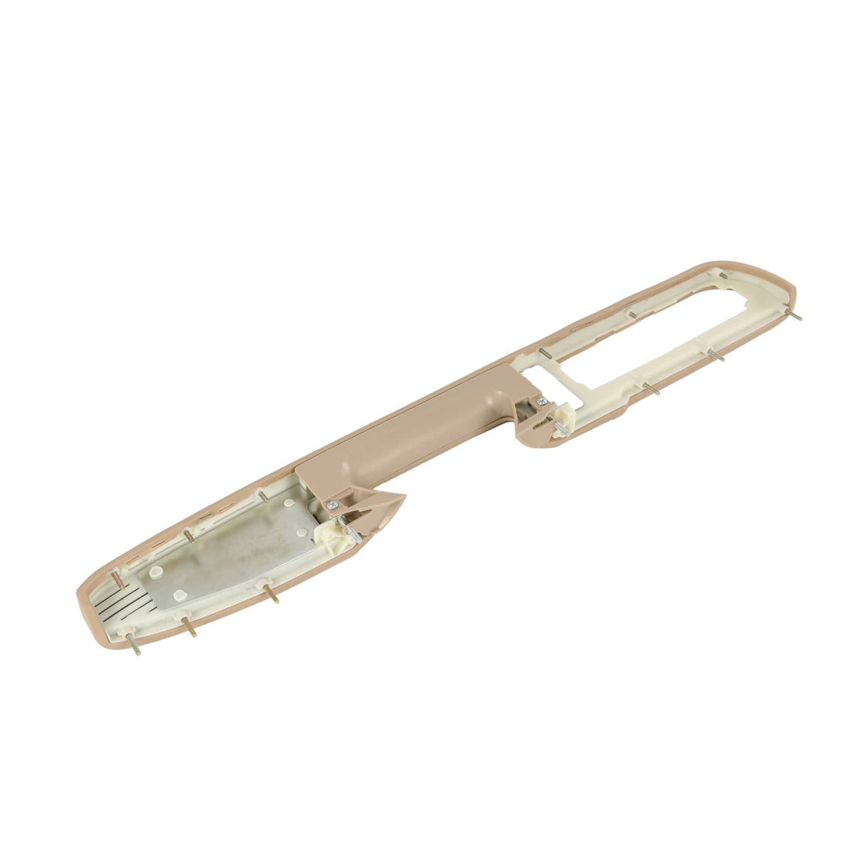 Tan driver-side armrest handle trim with inner backing and latch mechanism exposed.