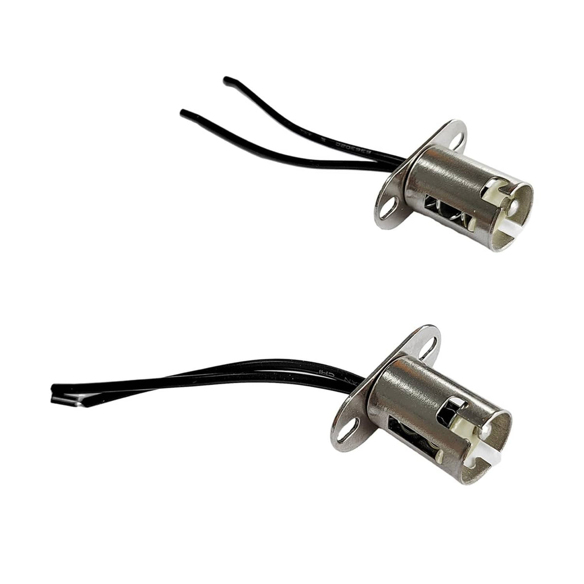 Metal car bulb socket with spade contacts and black wire leads, BAY15D/1157, 2-pack