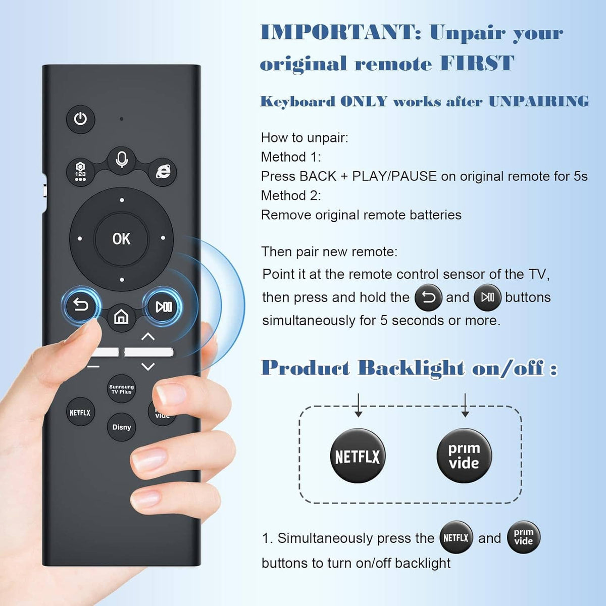 Black TV keyboard remote held in hand with navigation and shortcut buttons visible
