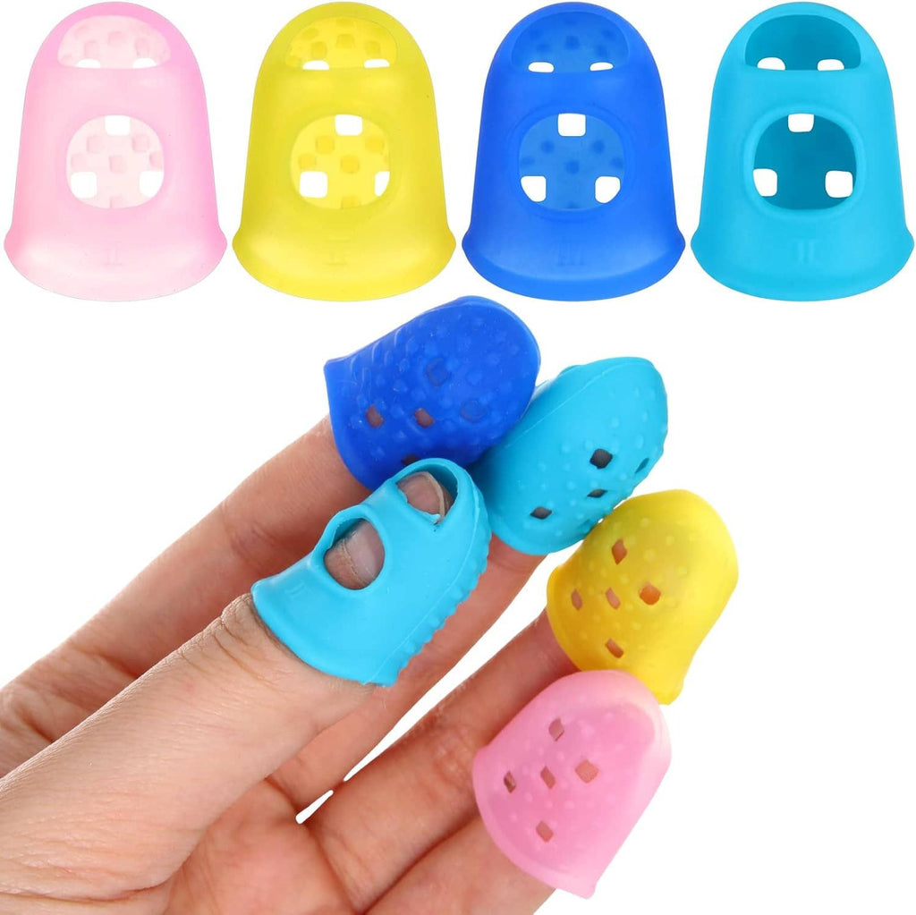Assorted rubber finger tip protector covers in pastel blue, pink, yellow, and teal