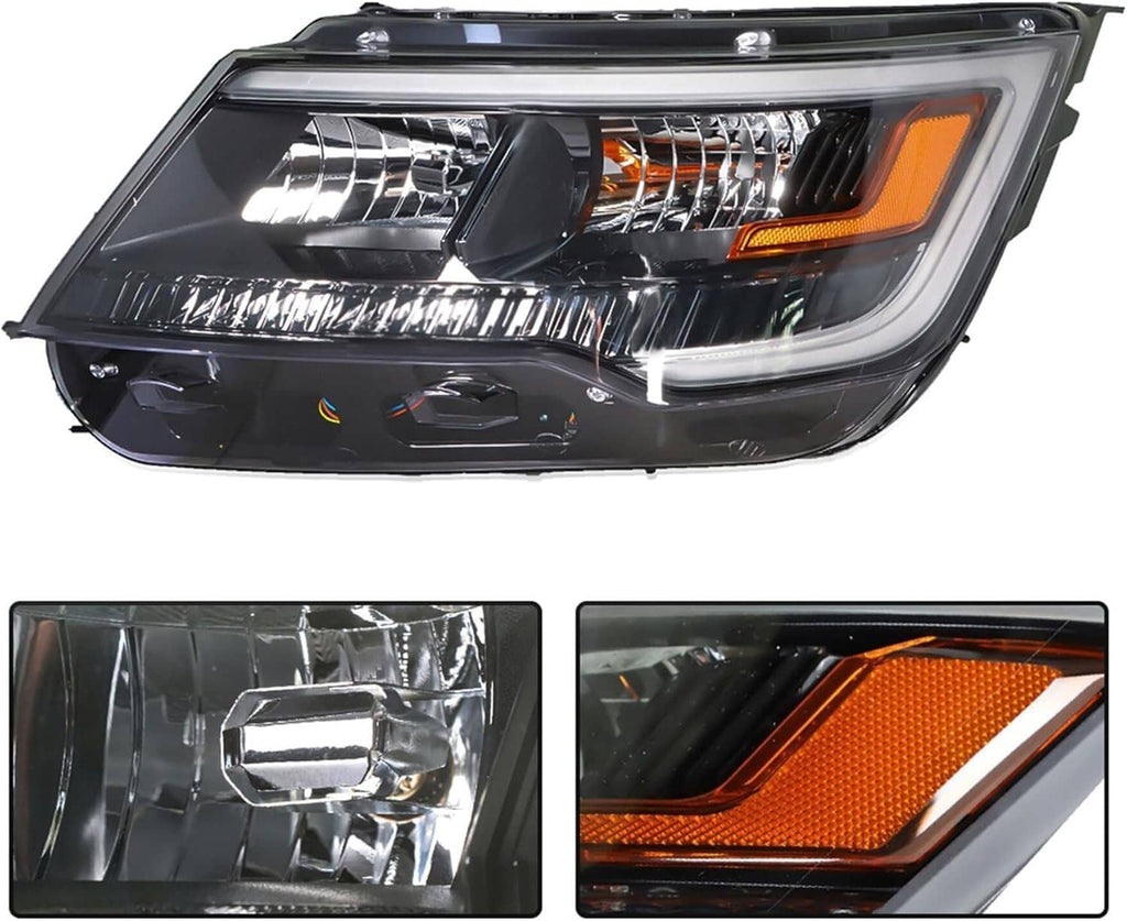 Pair LED DRL headlight assemblies with clear projector lenses and amber turn signal