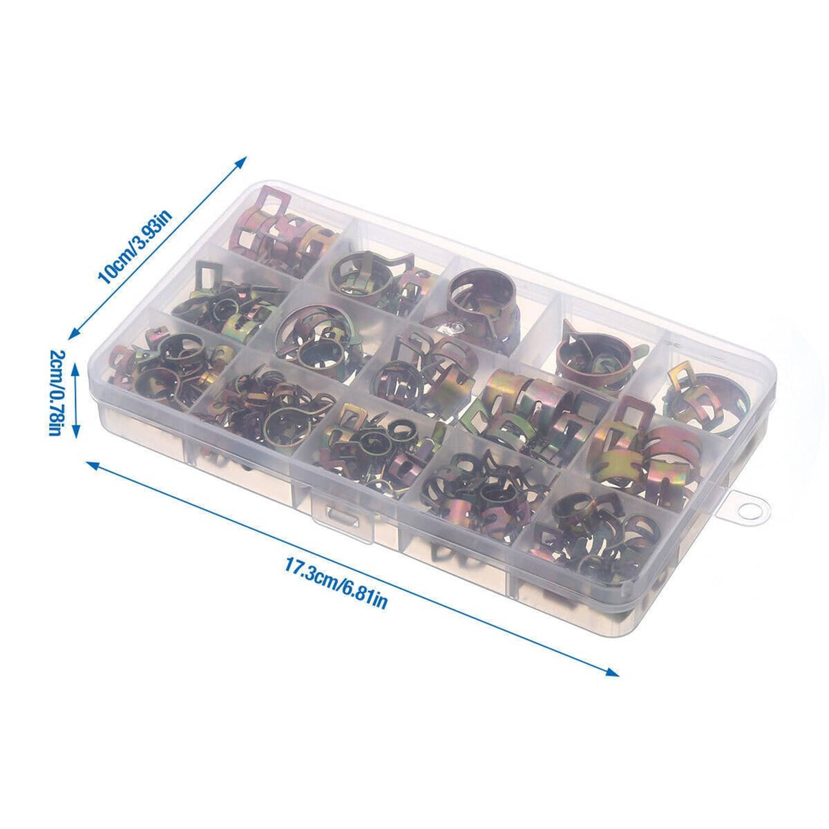 Spring hose clamp kit in clear organizer case, 6–22 mm, 115 pieces