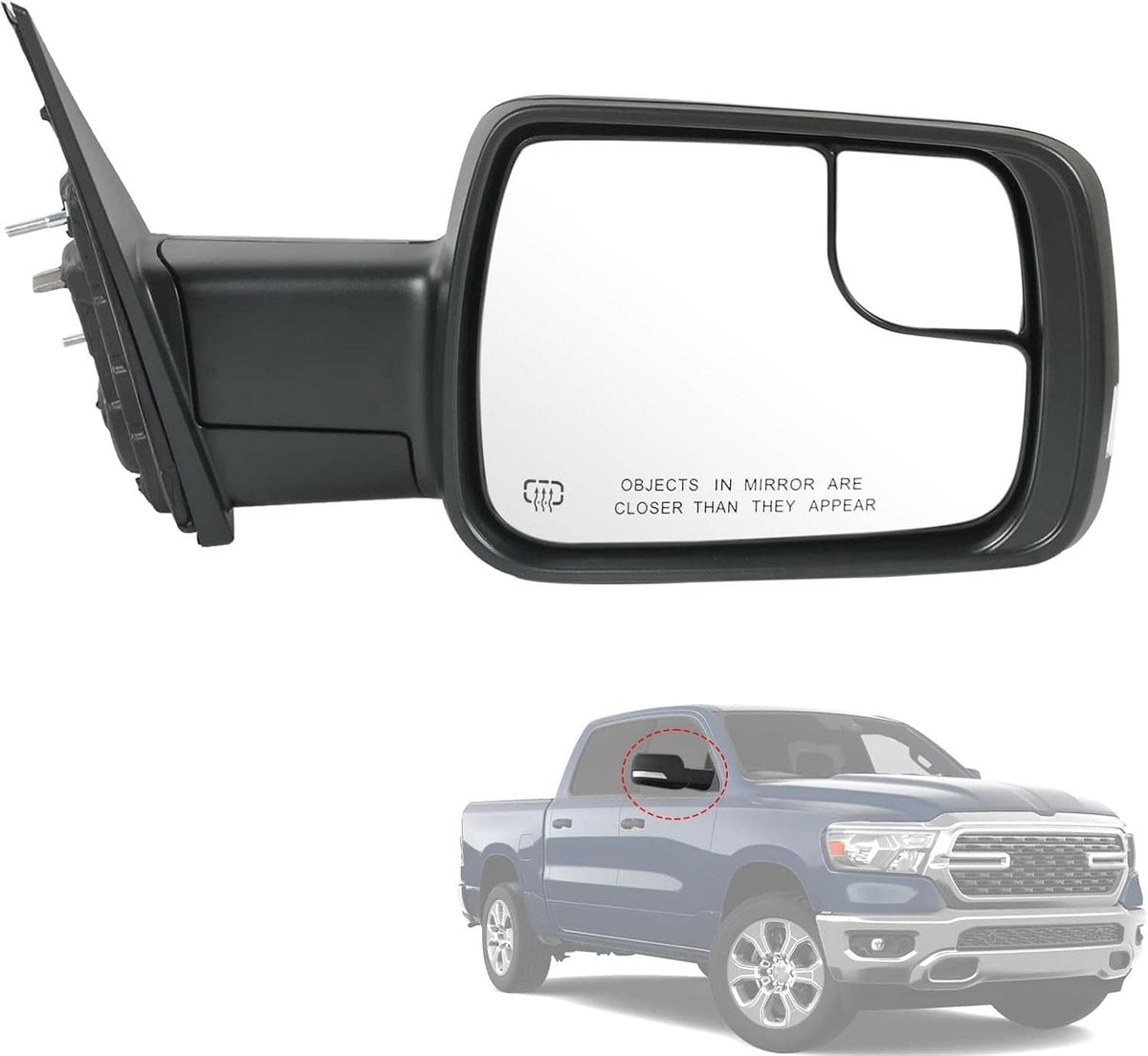 Black driver-side replacement mirror with heated turn signal lens