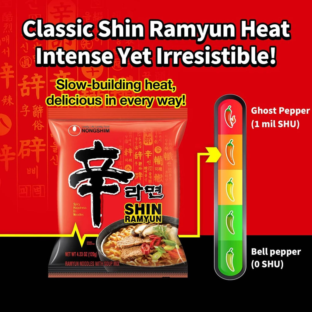 Spicy ramen noodle pack with heat level graphic and red Nongshim packet