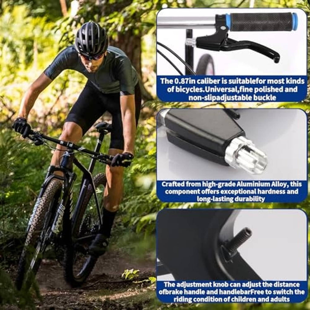 Black bicycle brake lever pair with silver cable clamp and adjustable distance knob.
