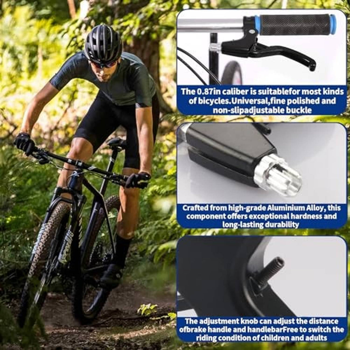Black bicycle brake lever pair with silver cable clamp and adjustable distance knob.