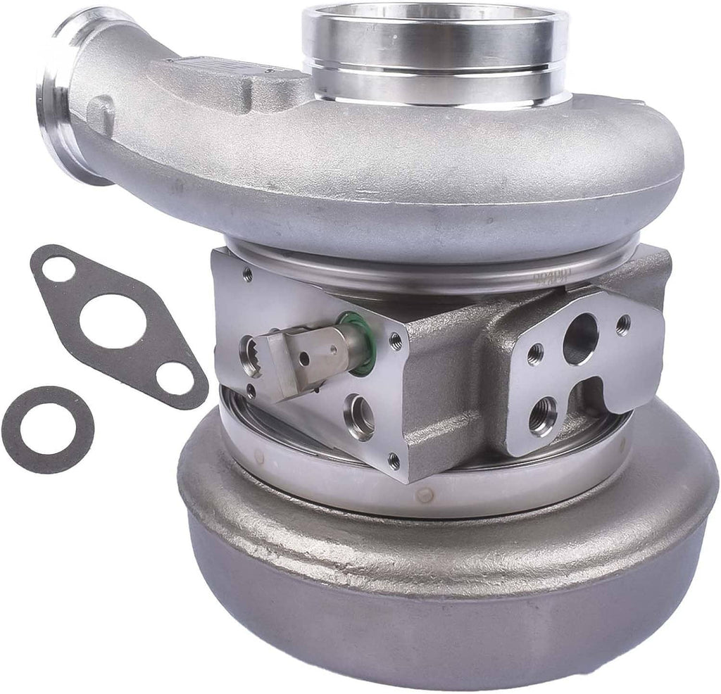 Turbocharger with curved inlet elbow, silver body, and two mounting gaskets