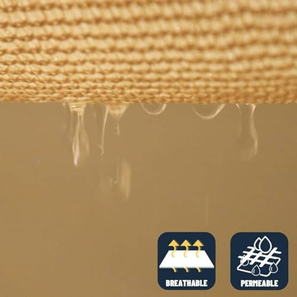 Sand breathable waterproof shade sail fabric close-up with hanging water droplets
