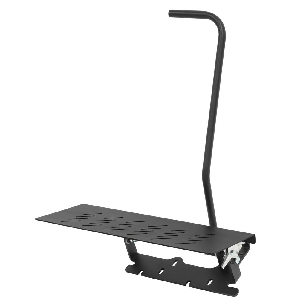 Black mower chute blocker with perforated deck and support handle