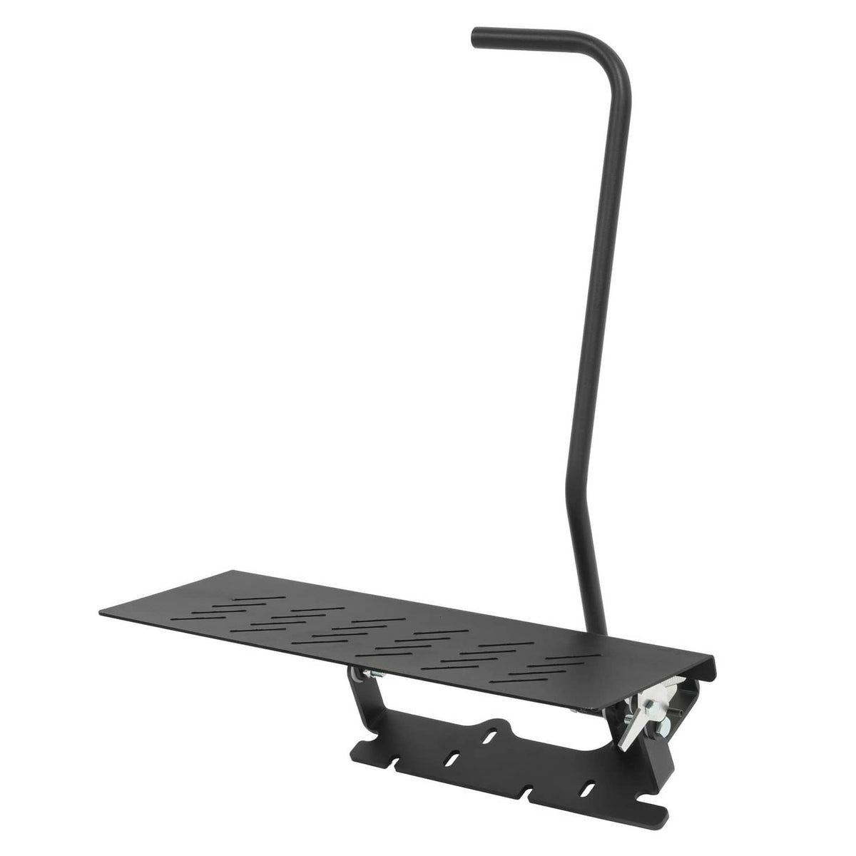 Black mower chute blocker with perforated deck and support handle