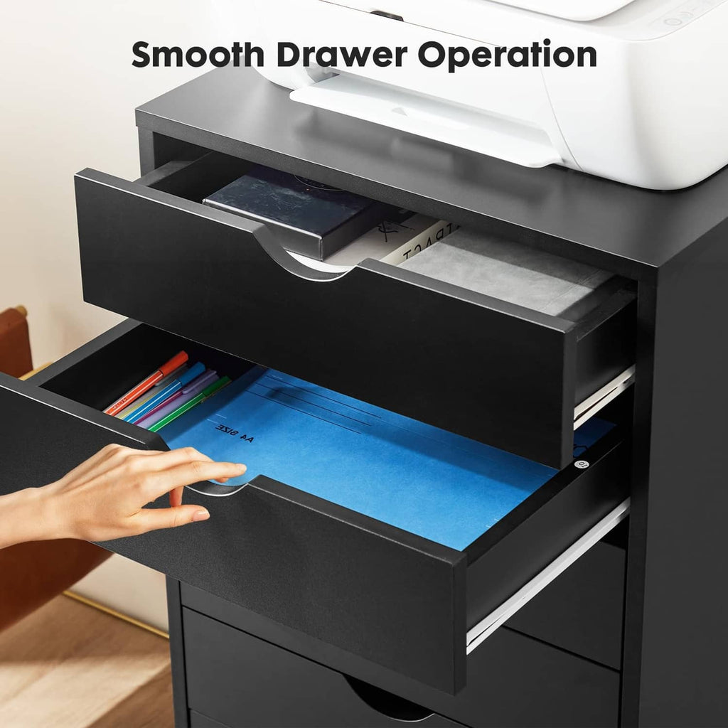 Black open drawer file cabinet with paper stack and curved drawer handle
