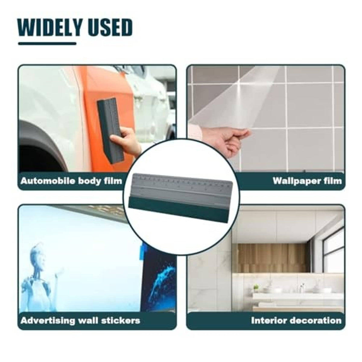 Vinyl wrap squeegee tool centered above film and sticker use examples