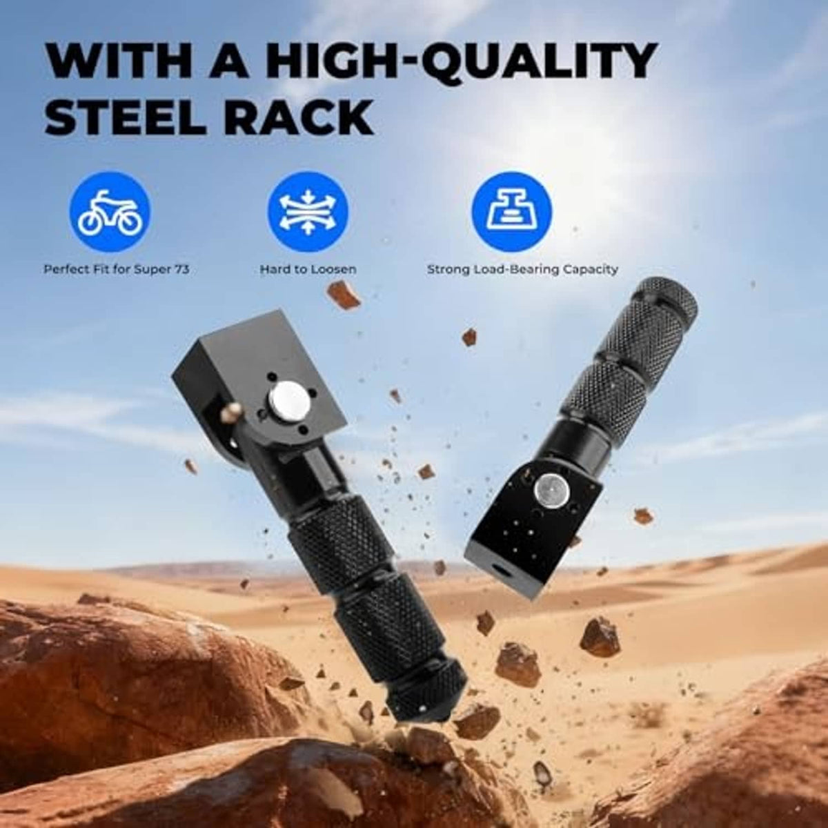 Black foot peg assembly with textured grips and mounting plate attached to rack