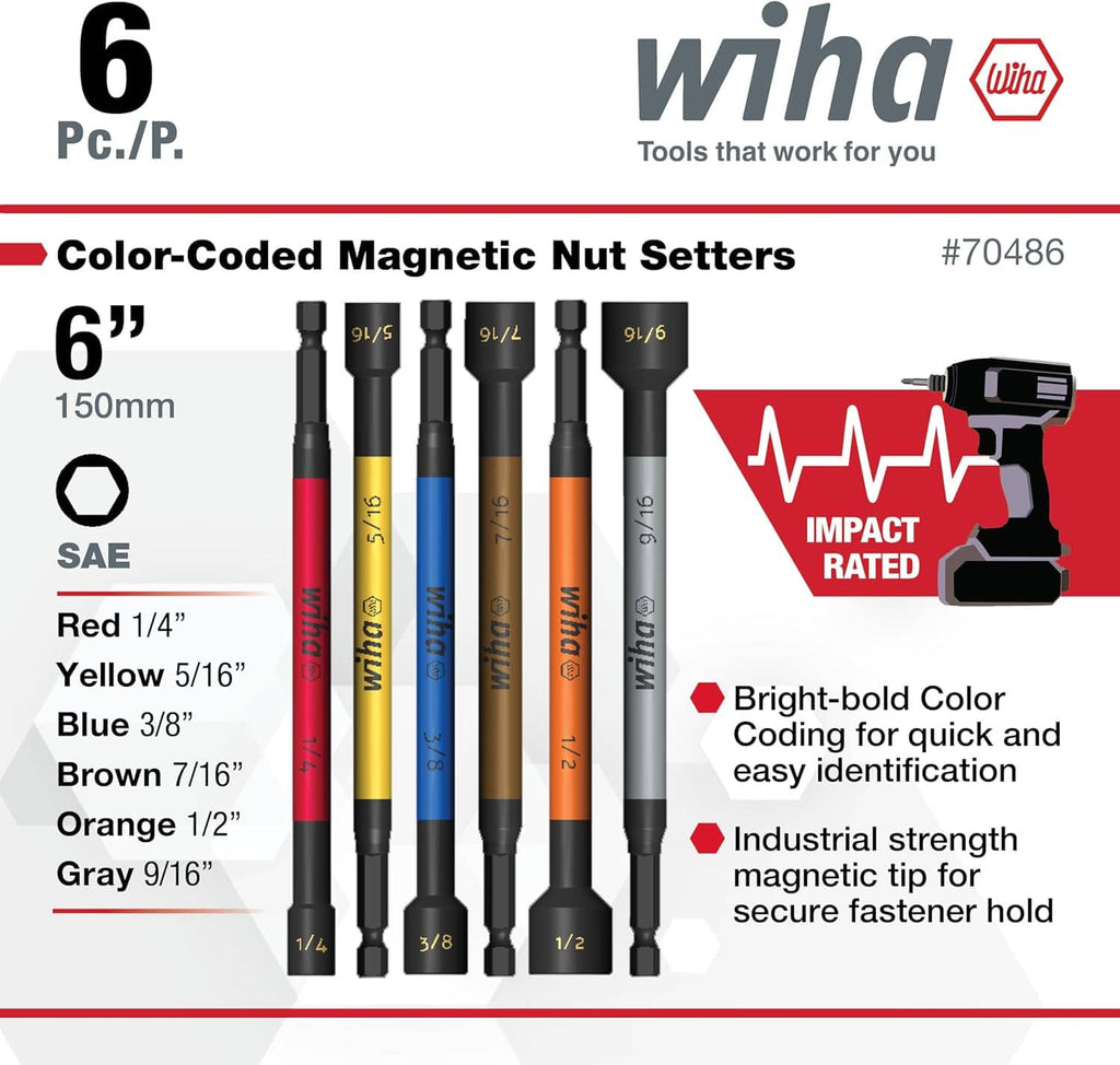 6-piece color-coded magnetic nut setter bits diagram with SAE size markings