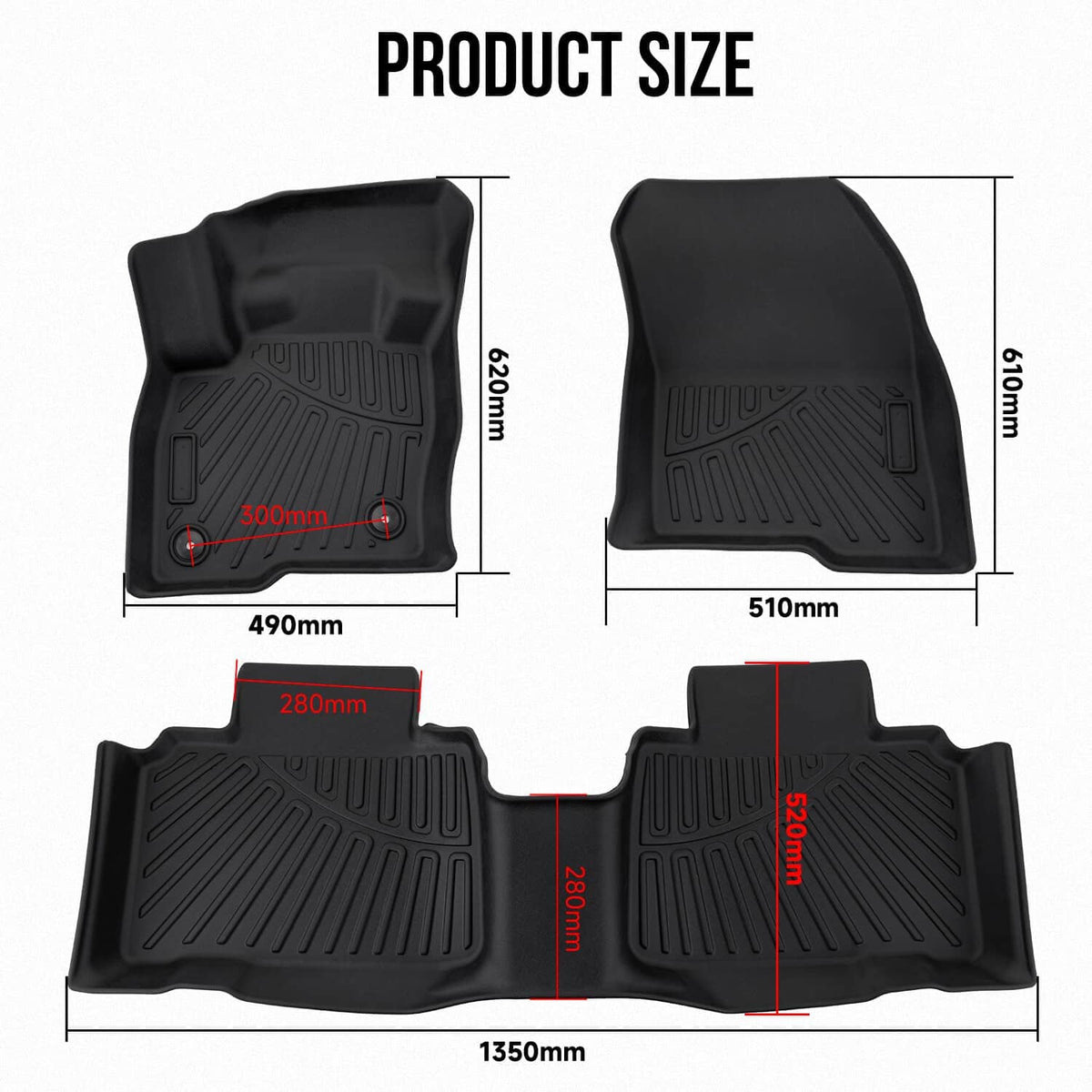 Black 3D molded floor mats with high edges and raised ridges for 2-row fit