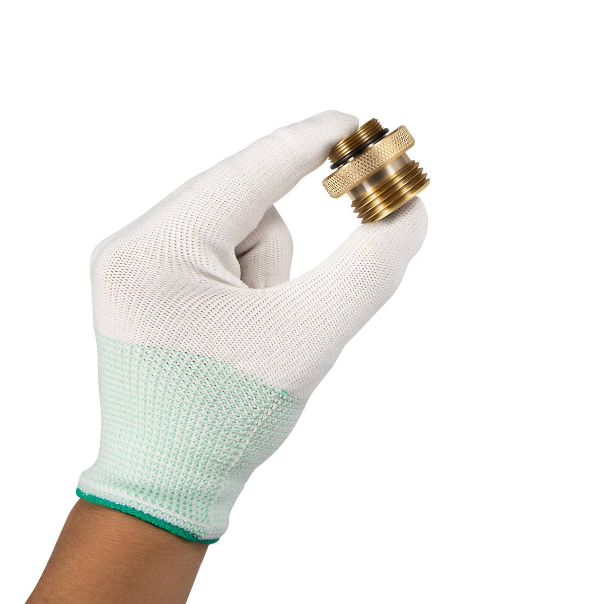Brass hose bibb adapter shown in gloved hand with textured ring and threads
