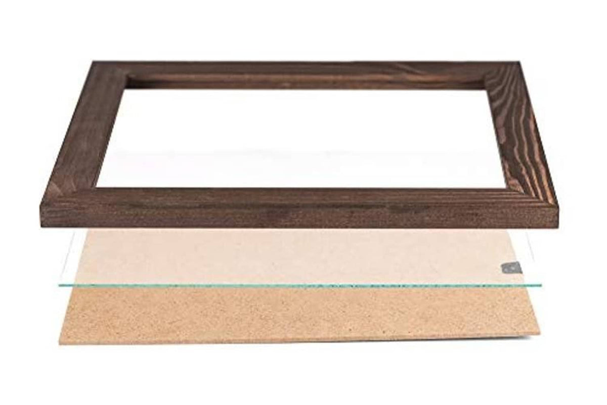 Dark brown wood poster frame laid flat, slim profile