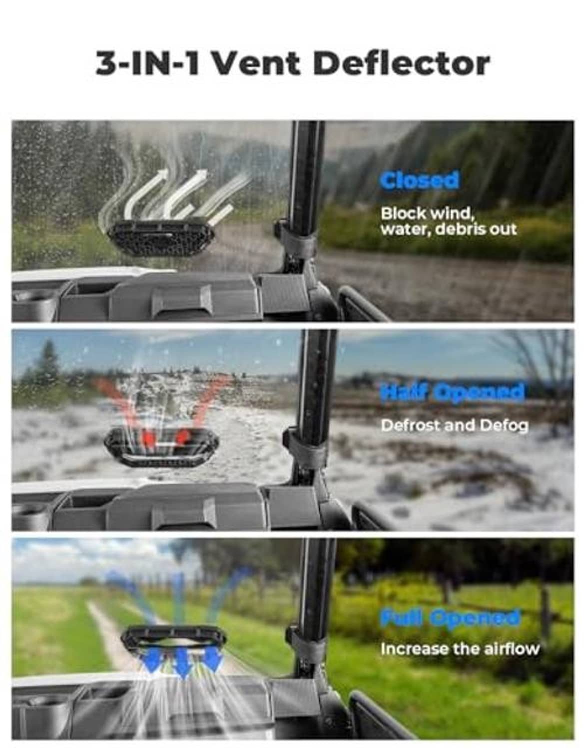 3-in-1 vent deflector on UTV windshield shown closed, half open, and fully open