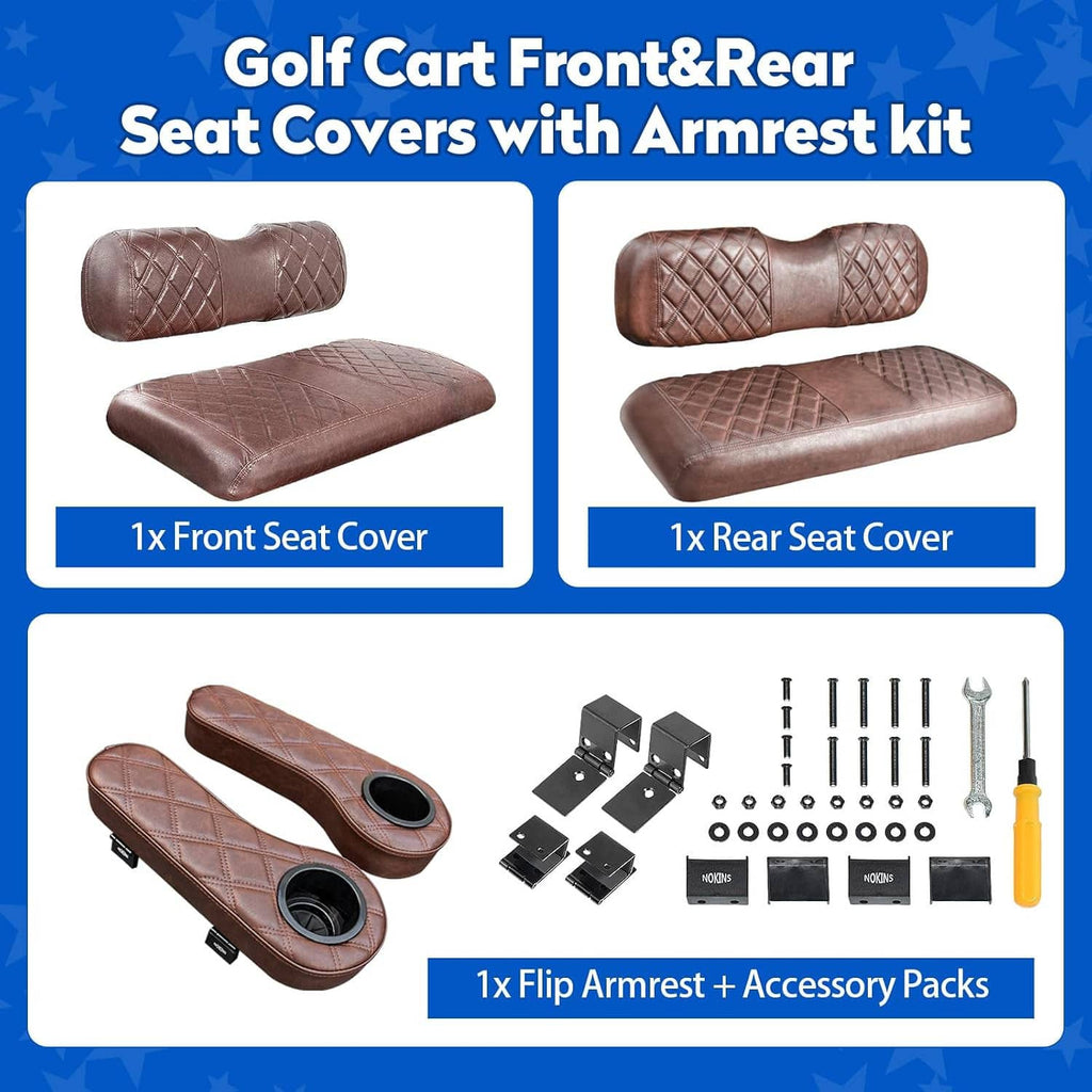 Brown front and rear golf cart seat cover set with armrest kit components