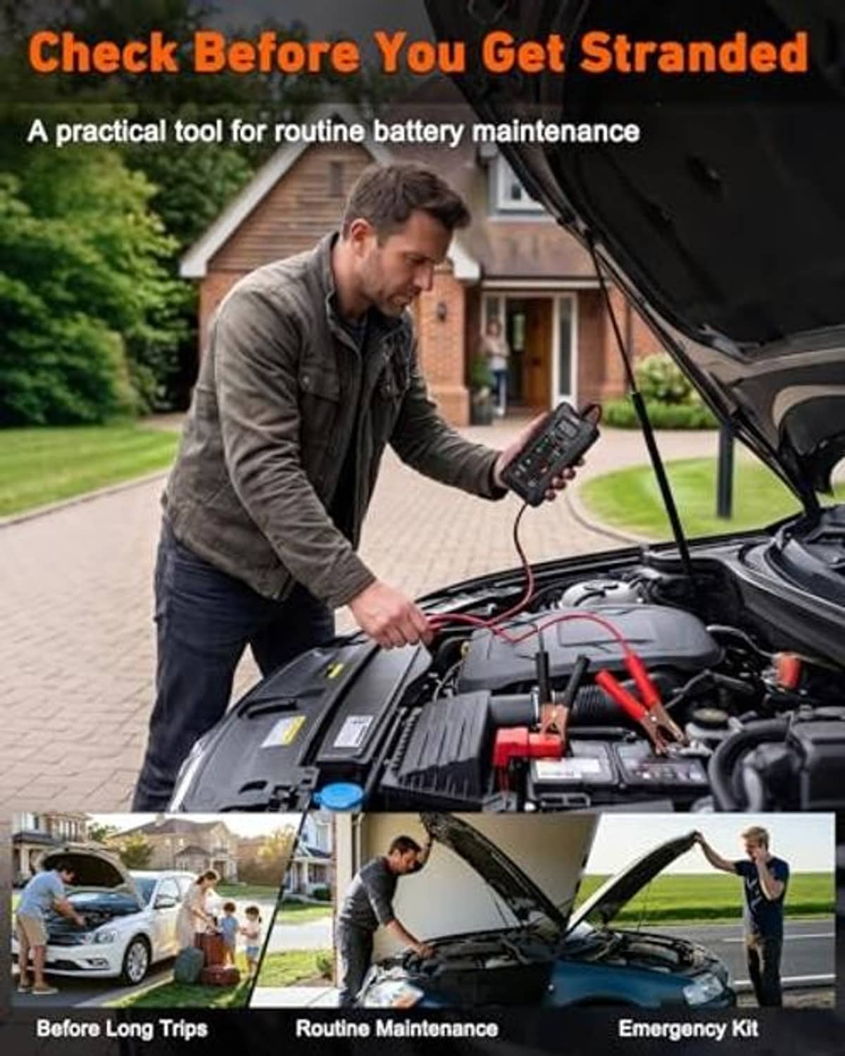Handheld battery tester connected to a car battery with red and black clamp leads
