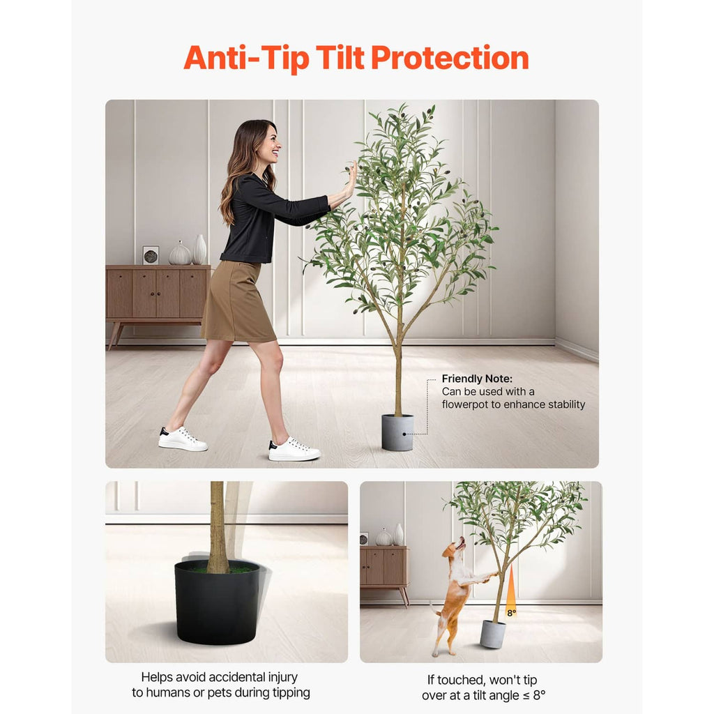 Artificial olive tree with green leaves and brown trunk in black pot