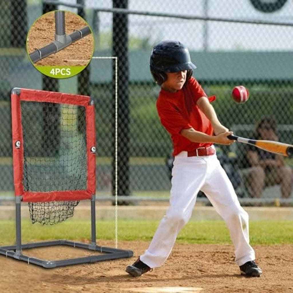 Baseball pitching net with red frame and white mesh strike zone panel on ground stand