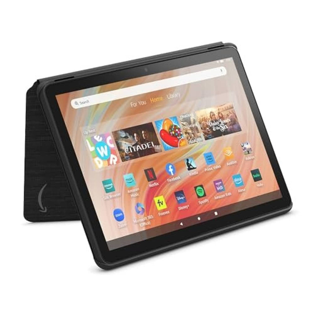 Tablet in dark gray folio protective cover with kickstand viewing mode.