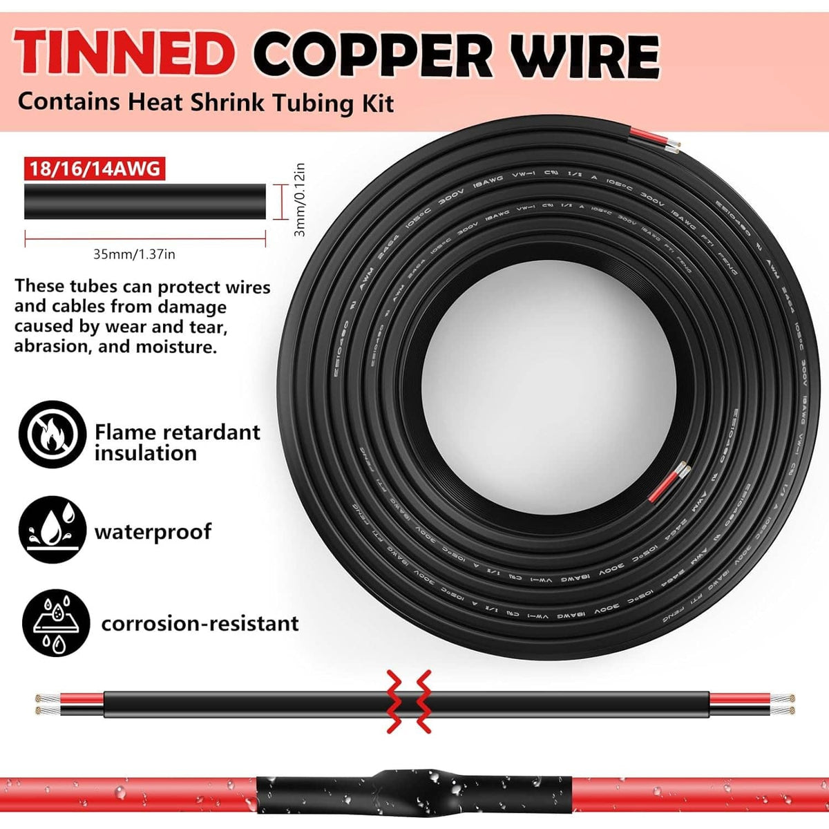 Two-conductor tinned copper wire with heat-shrink tubing kit, black jacket.