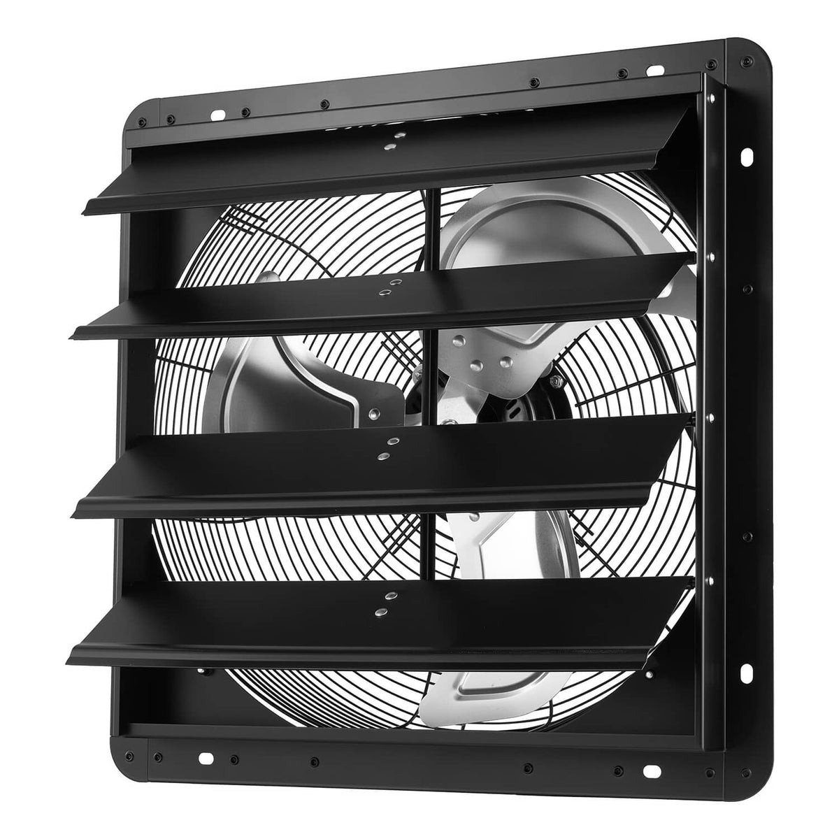 Wall-mount shutter exhaust fan front view with louvered shutters and motor housing