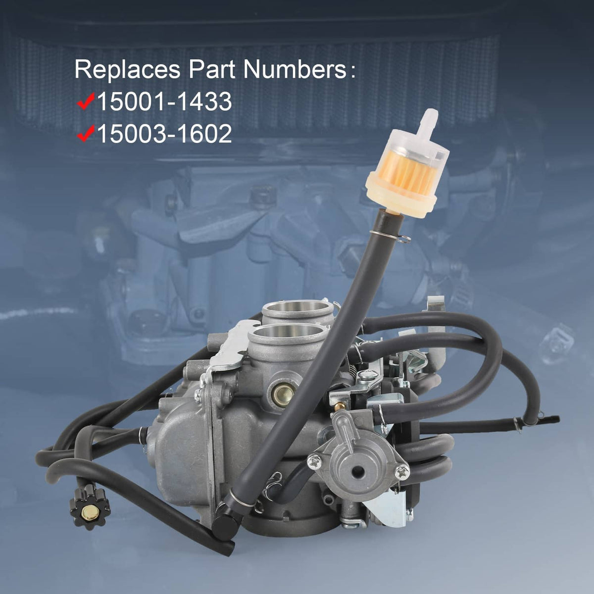 Carburetor with intake ports and black hose, orange fuel filter and cable
