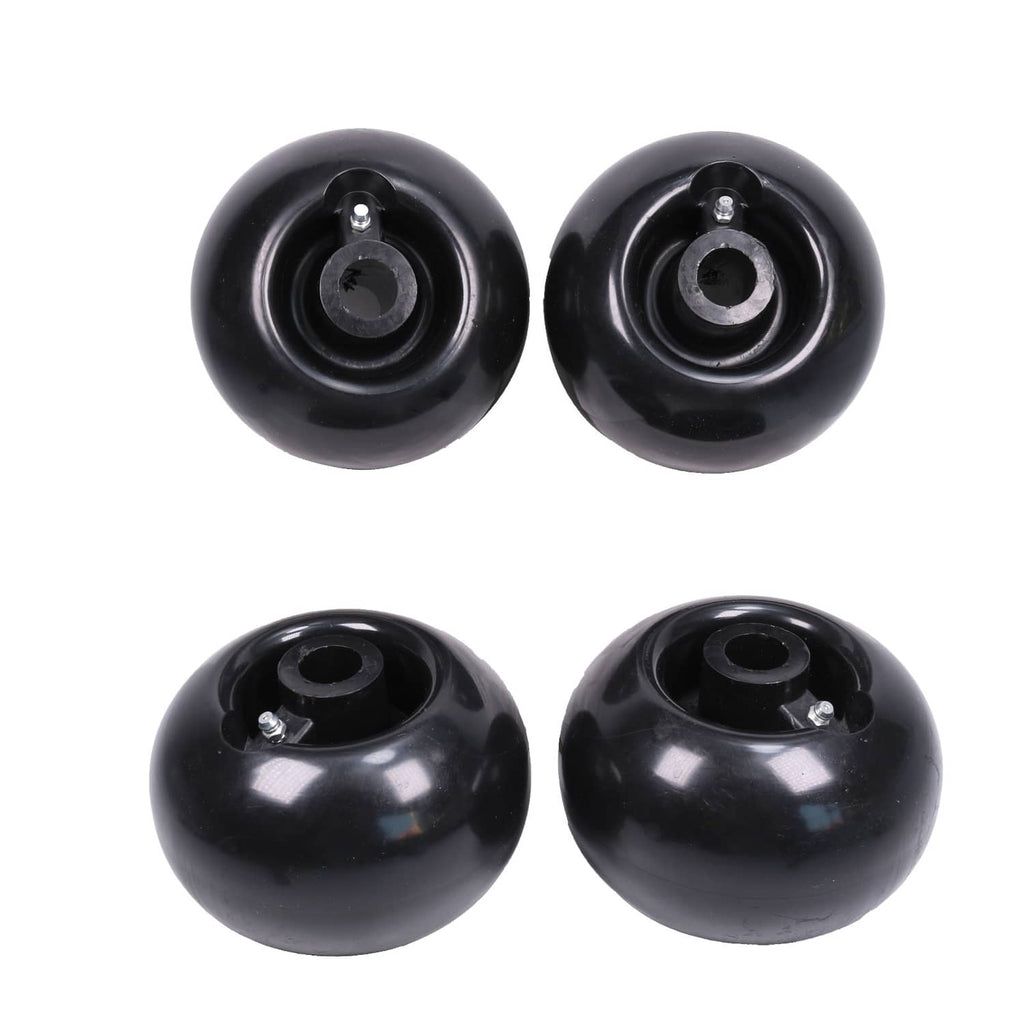 Set of 4 black deck wheels, side view showing inner hub opening