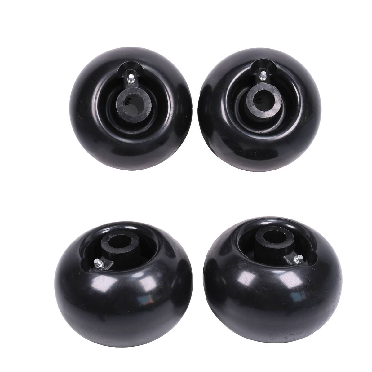 Set of 4 black deck wheels, side view showing inner hub opening
